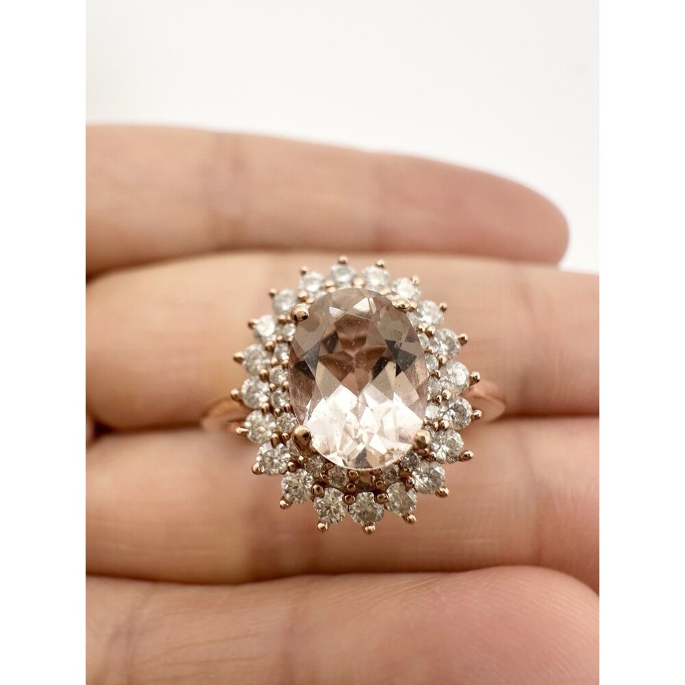 925 Sterling Silver Rose Gold Vermeil White Sapphire Morganite Ring Size 7